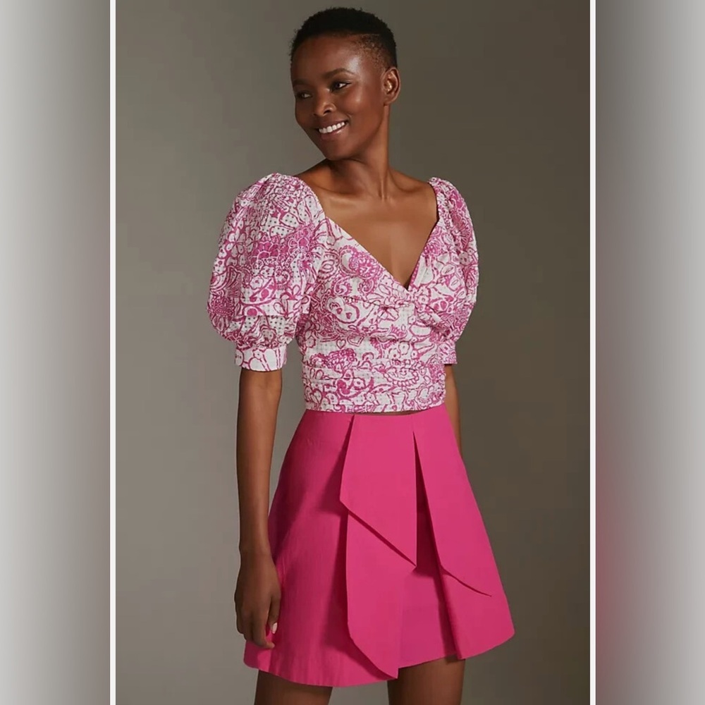 NWT Anthropologie Maeve Hot Pink Ruffled Mini Skirt Size 10P 100% Cotton